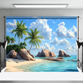 Lofaris Relaxing Tropical Beach Scene Palms Rocks Backdrop